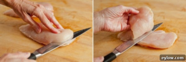 Slicing a large chicken breast into two thinner cutlets
