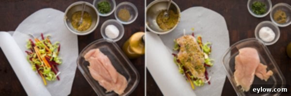 Layering chicken and vegetables on parchment heart