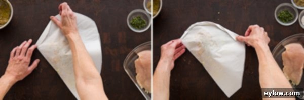 Demonstrating how to tightly seal parchment packets