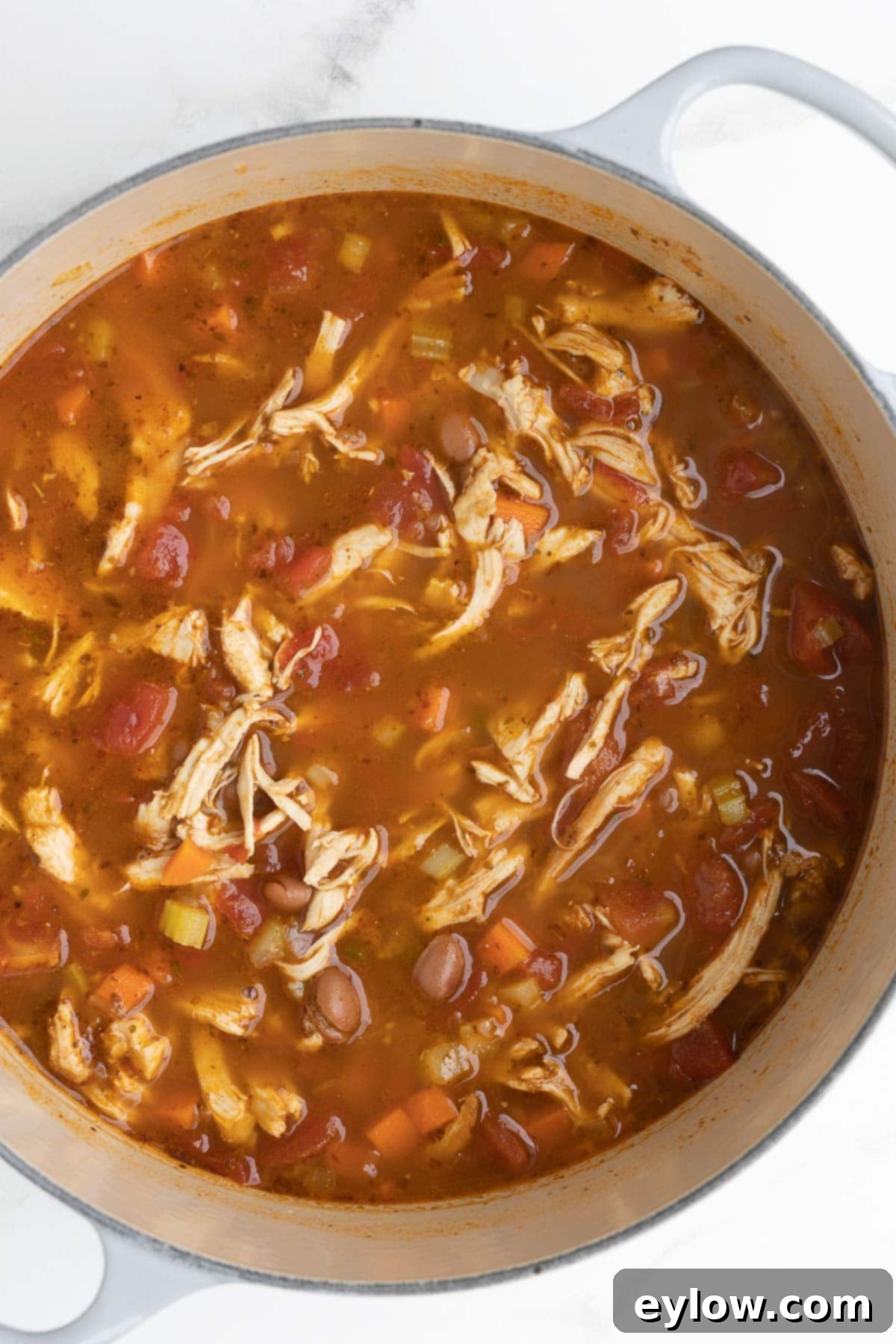 Richly colored  finished tortilla soup in a gray pot to serve.