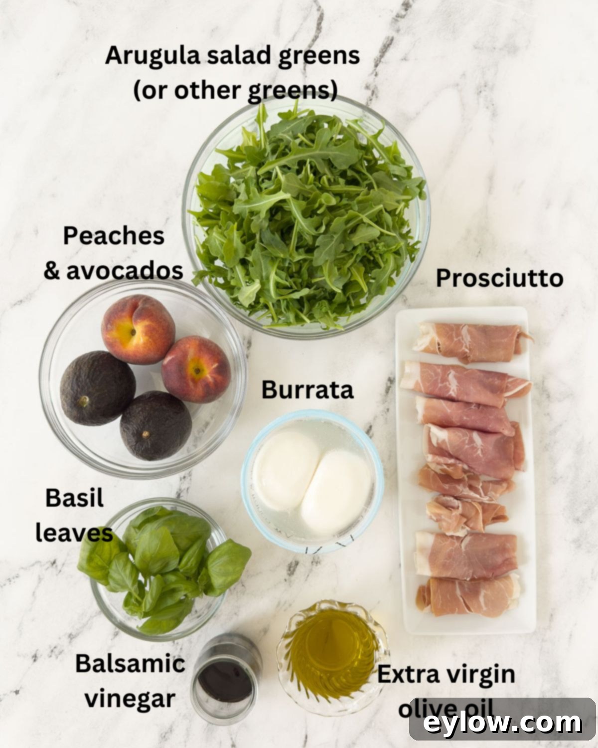 Burrata Peach and Prosciutto Summer Salad 3 Ingredients for a burrata peach salad in prep bowls for assembling the salad.