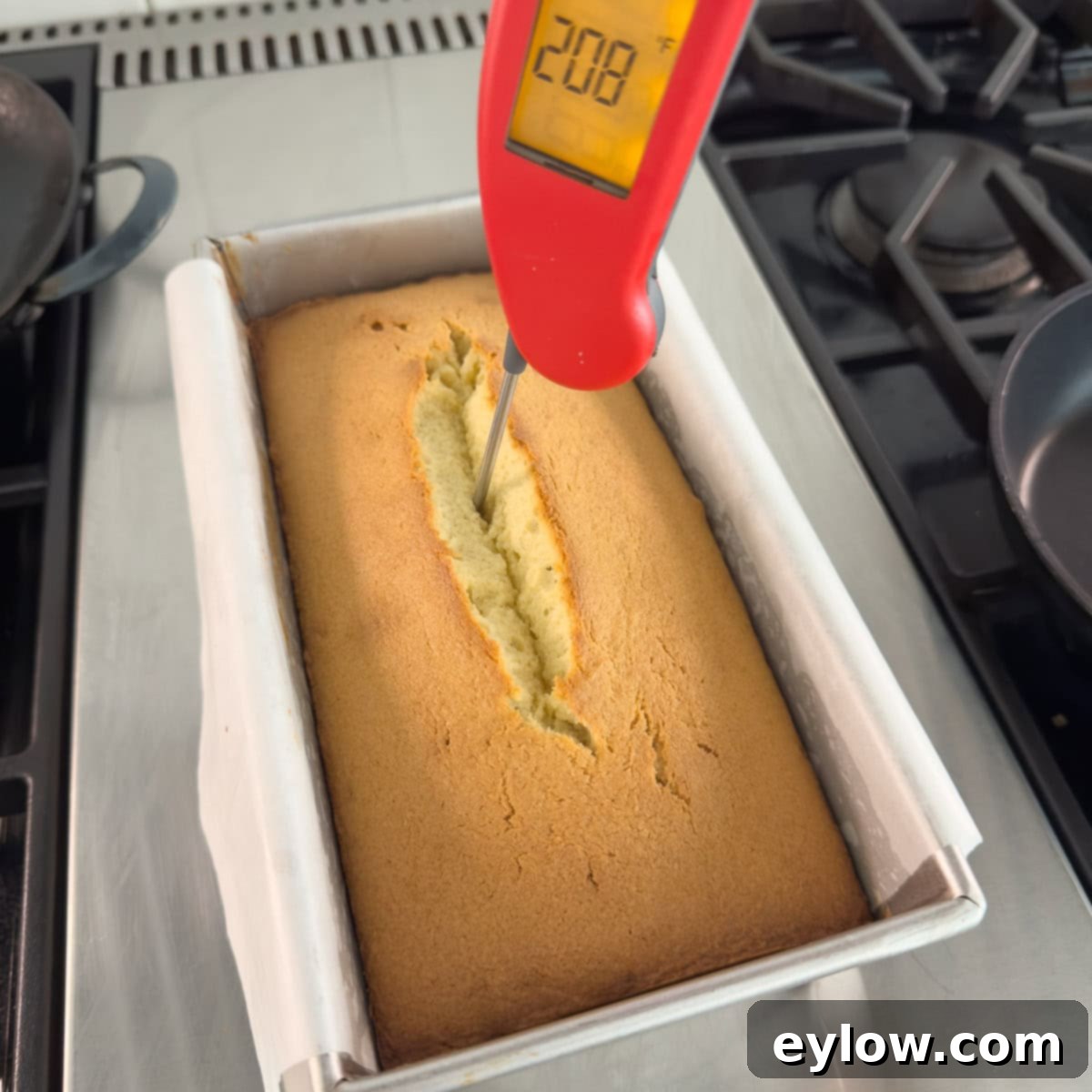 Artisan Gluten-Free Cream Cheese Pound Cake 13 Gold baked pound caked cooked to the right temperature checked with a digital thermometer.