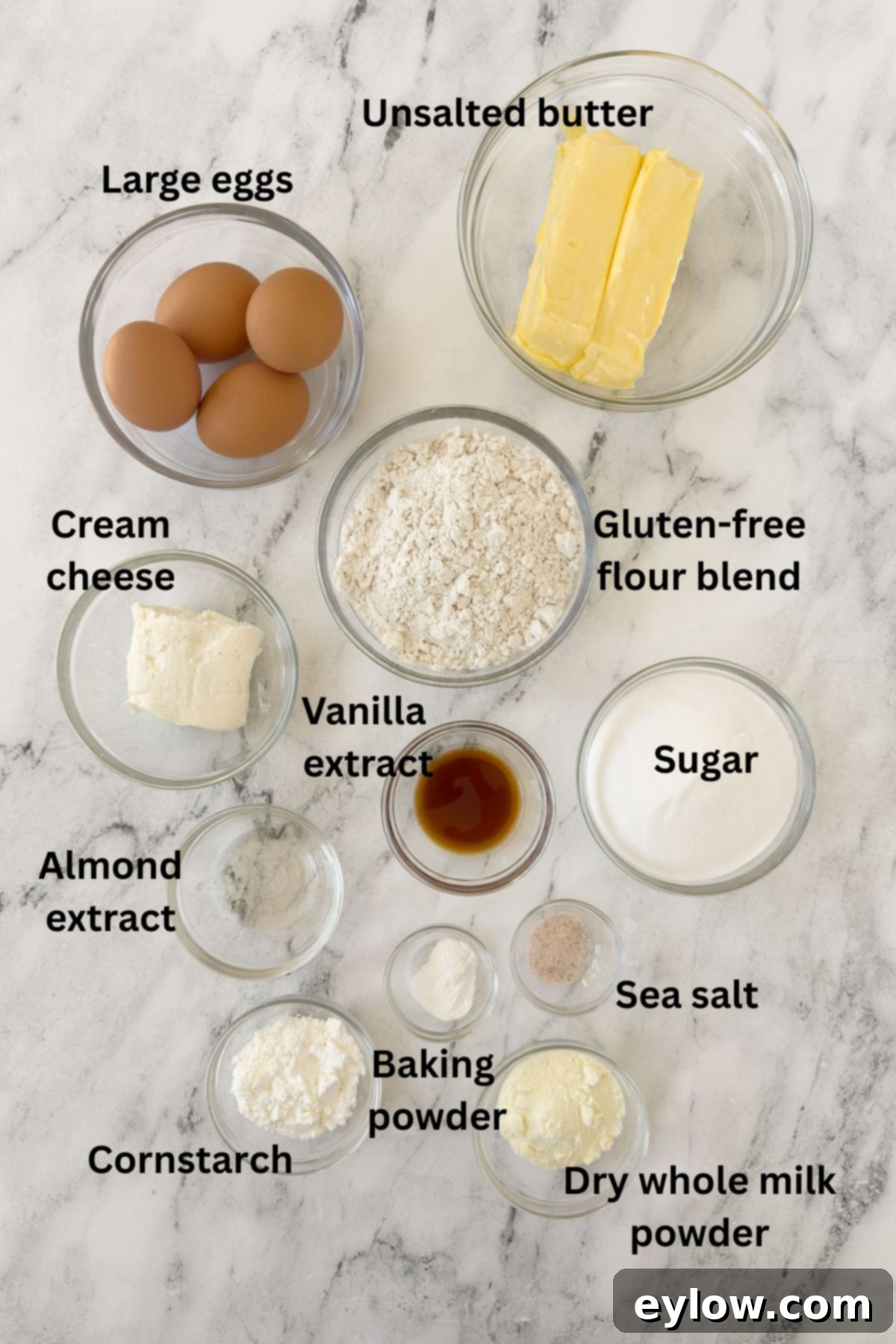 Artisan Gluten-Free Cream Cheese Pound Cake 3 Ingredient for pound cake in prep bowls on marble counter.