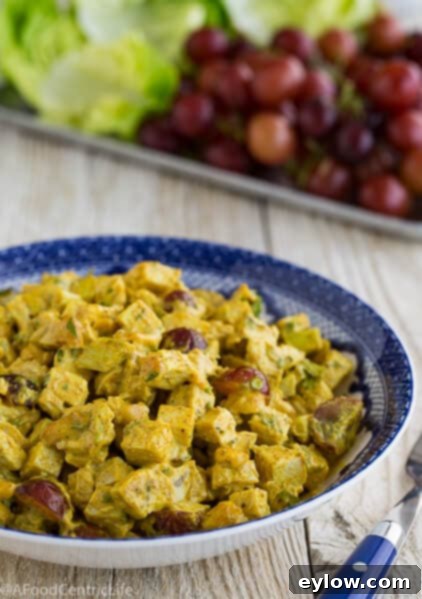 Close-up detail of curried chicken salad texture and ingredients.