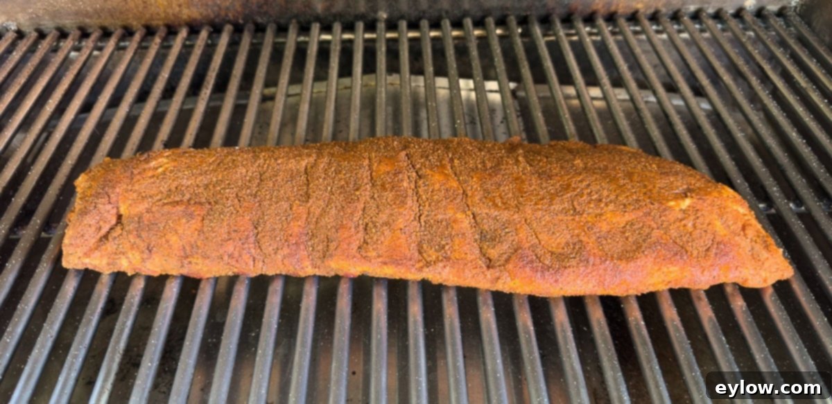Seasoned rack of ribs on grill grates of a pellet grill smoker.
