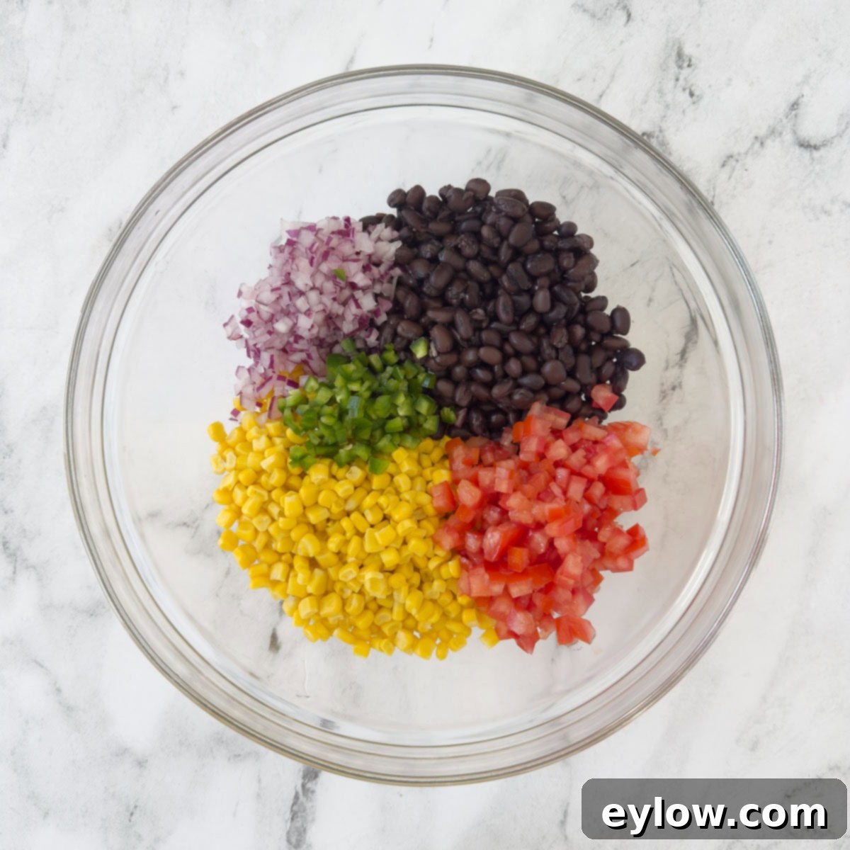A large, inviting bowl showcasing a colorful mix of red onion, black beans, ripe tomatoes, sweet corn, and vibrant jalapeño, ready to be tossed.