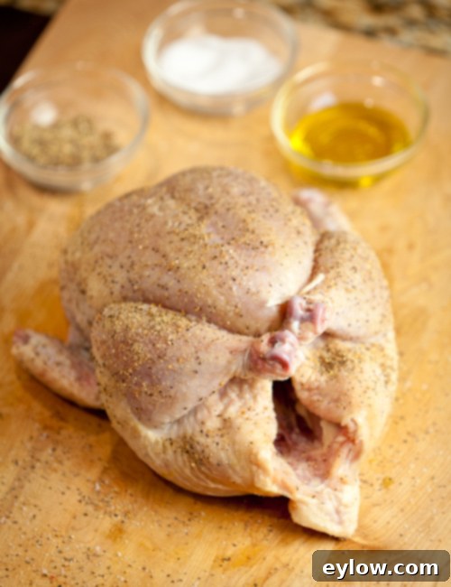 A seasoned whole chicken, with its legs tied, rests on a wooden cutting board, prepped and ready for the initial searing process.