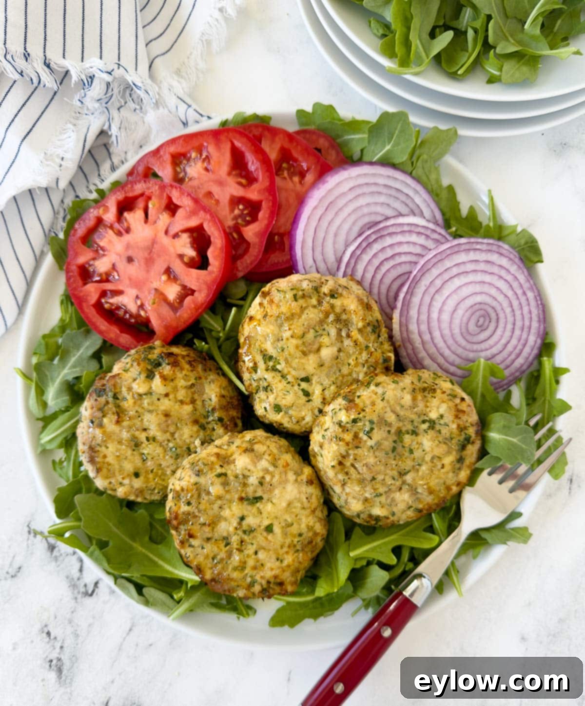 Homemade Air Fryer Chicken Patties 2 Four golden chicken patties on a plate of greens with tomatoes and red onion slices.