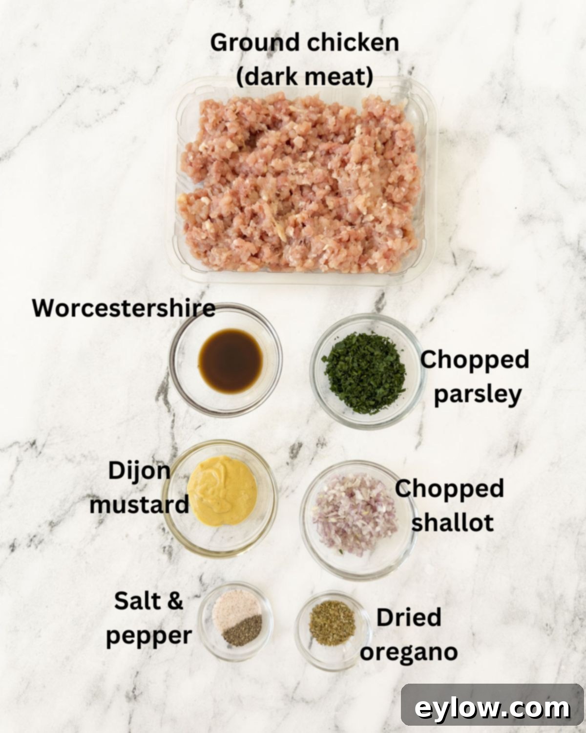 Homemade Air Fryer Chicken Patties 3 Ingredients for air fryer chicken patties on the kitchen counter in prep bowls.