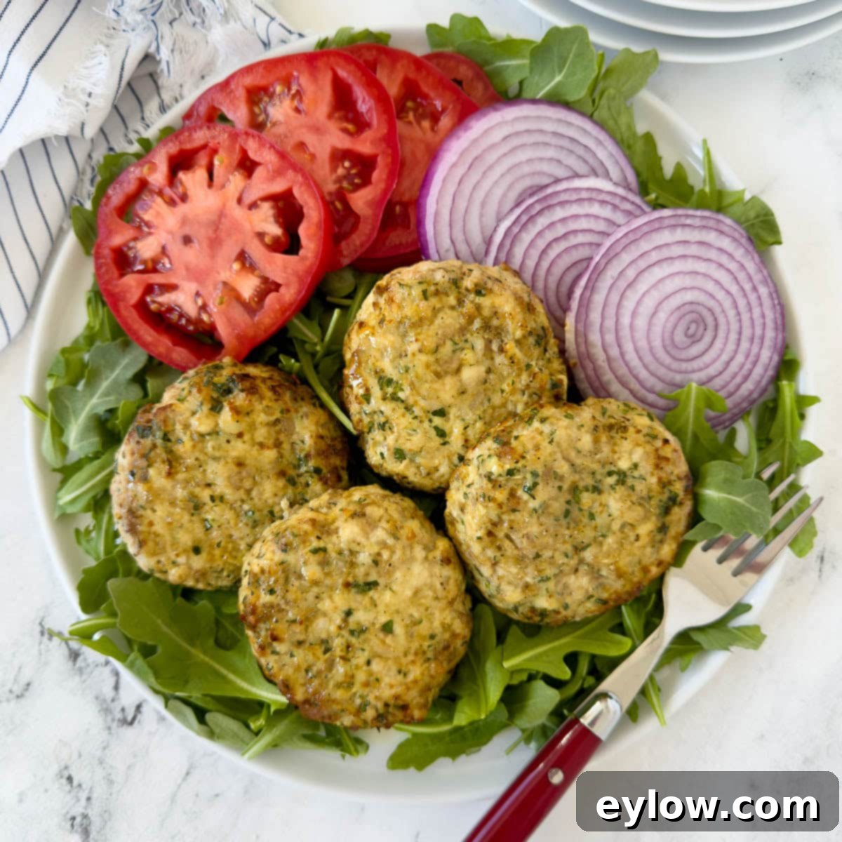 Homemade Air Fryer Chicken Patties 8 A white plate of golden air fryer chicken patties with slices of red onion and red tomatoes.