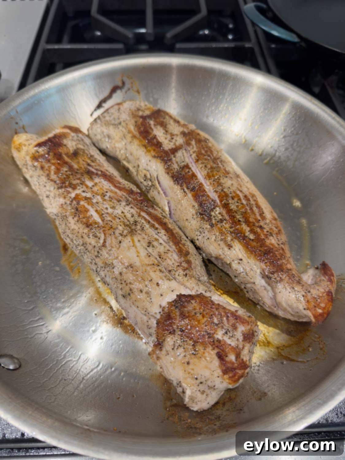 Pellet Grill Smoked Pork Tenderloin 6 Searing pork tenderloin on the stovetop to golden brown.