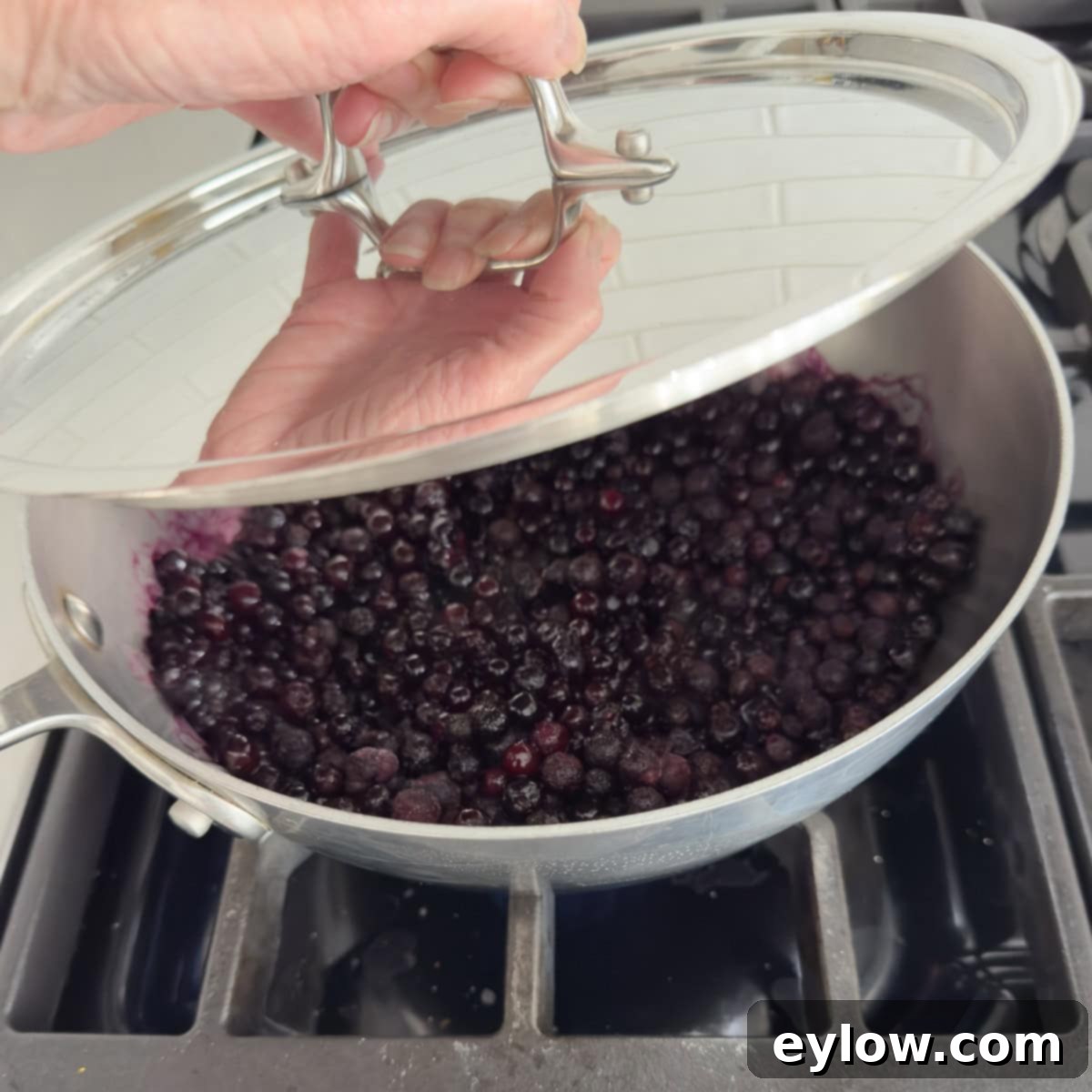 Effortless Blueberry Compote 5 A pot of blueberries gently cooking on the stove, with a lid partially covering them, allowing steam to escape as they thaw and become juicy.