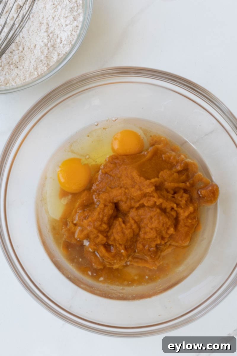 Moist Pumpkin Chocolate Chip Cake 4 Mixing bowl with pumpkin puree and eggs for pumpkin cake batter.