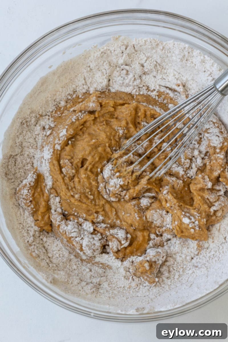 Moist Pumpkin Chocolate Chip Cake 5 Bowl with pumpkin snack cake batter and a whisk for mixking.