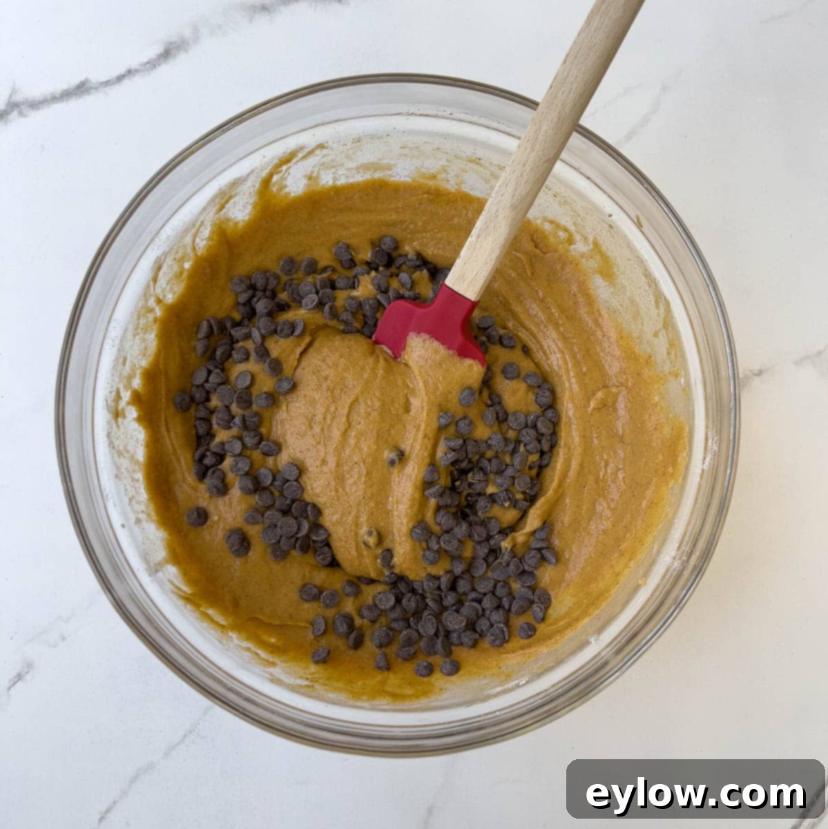 Moist Pumpkin Chocolate Chip Cake 6 Batter mixed with chocolate chips