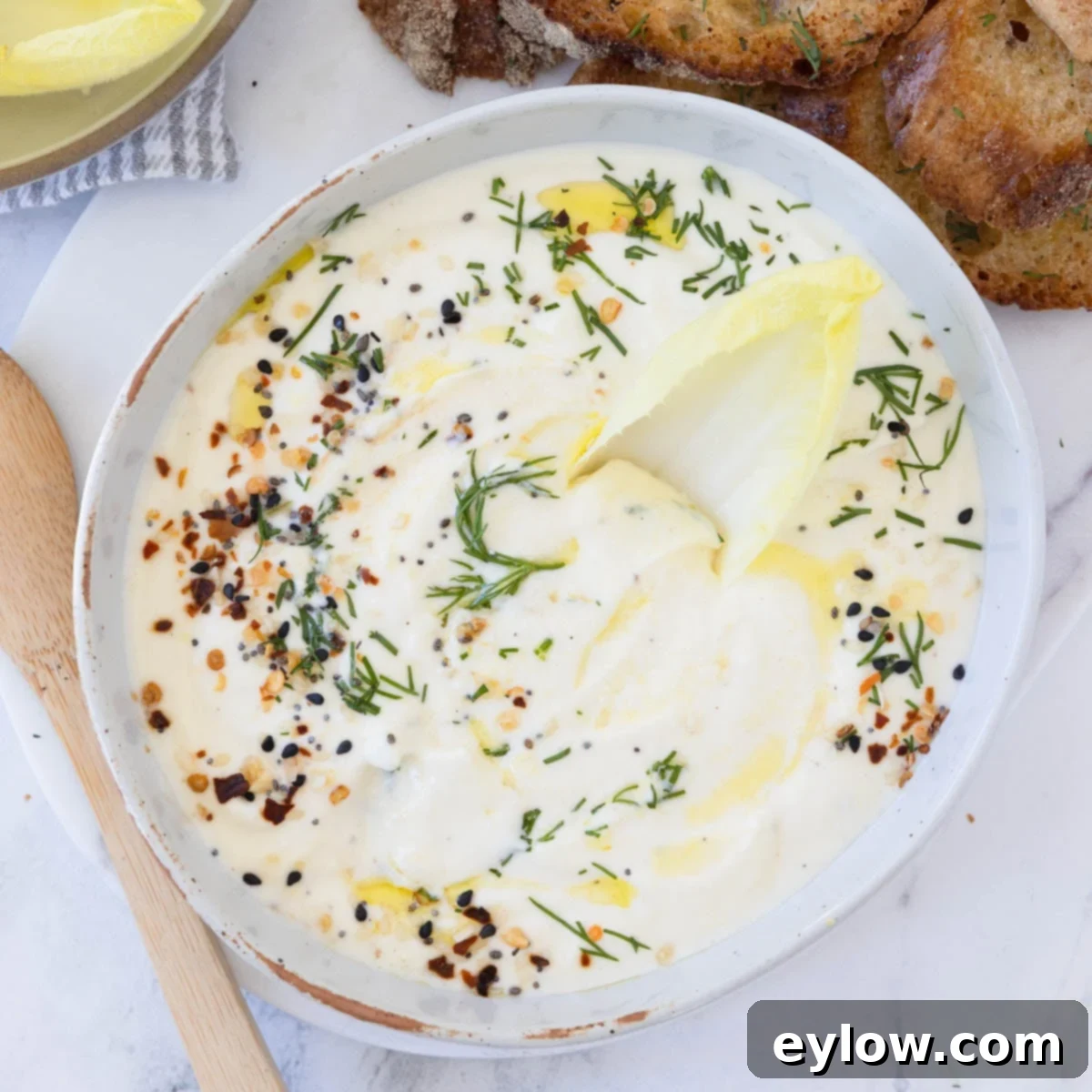 A beautifully presented bowl of whipped ricotta cheese dip, with a crisp endive leaf poised for scooping, highlighting its creamy texture.