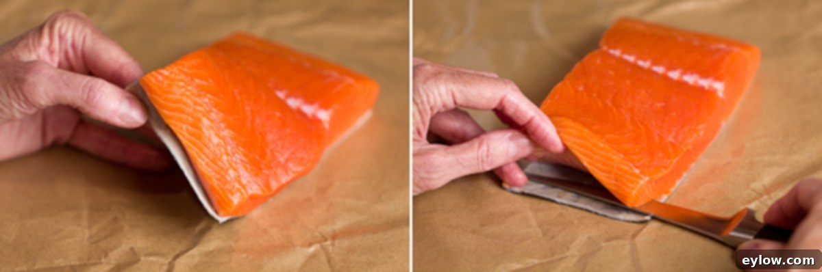 Seamless Salmon Skinning 3 How to skin salmon, starting with a sharp fillet knife and fillets on a brown butcher paper.