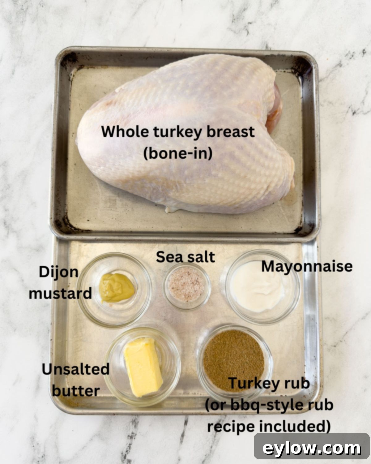Ingredients for whole smoked turkey breast in a tray with prepped spices.