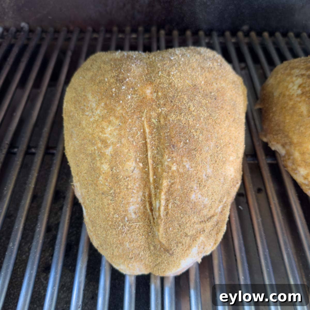 Seasoned whole turkey breast on the grill for smoking.