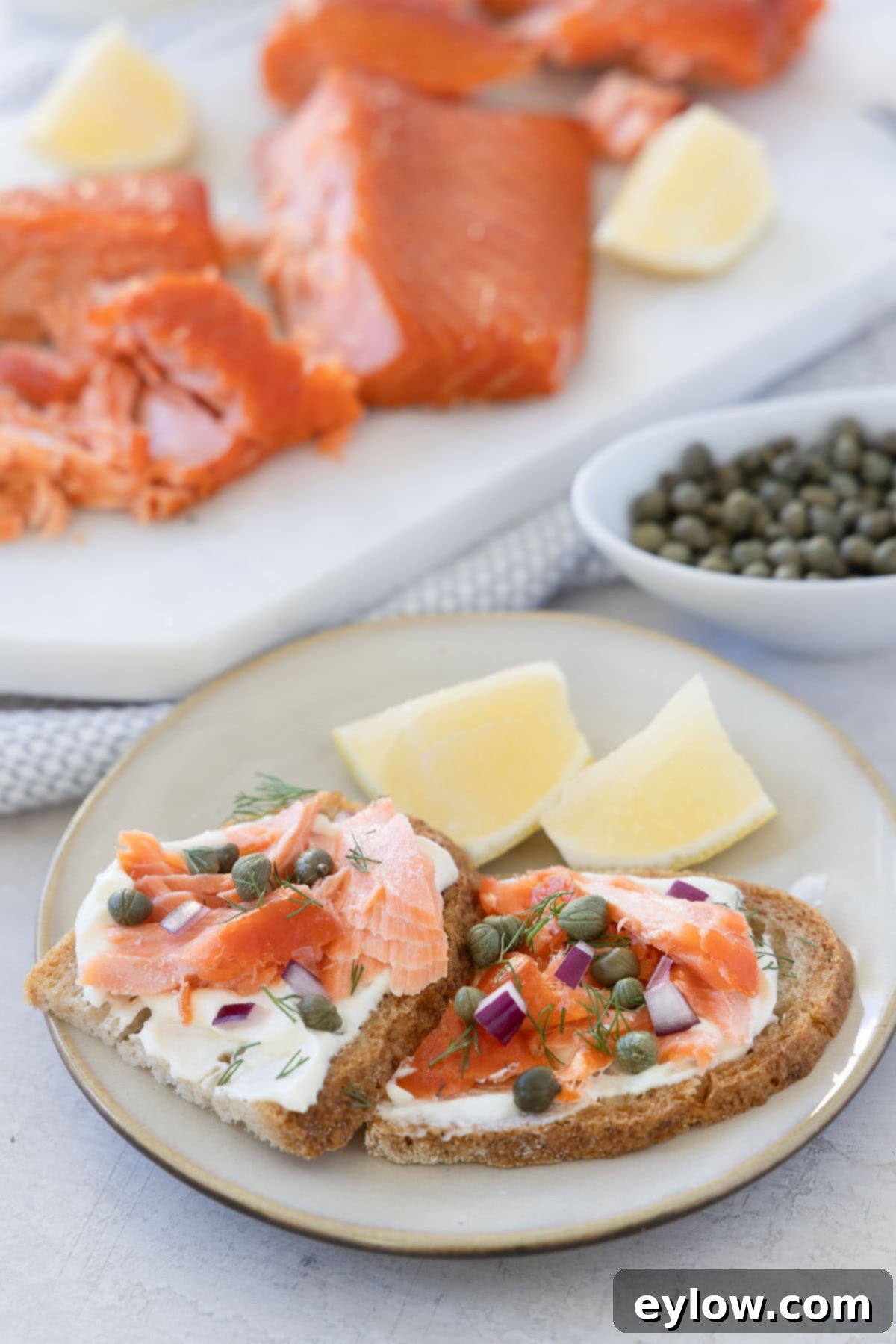 Pellet Grill Smoked Salmon Perfection 14 Appetizer plates of smoked salmon on bread with whipped ricotta, capers, dill, and red onion.