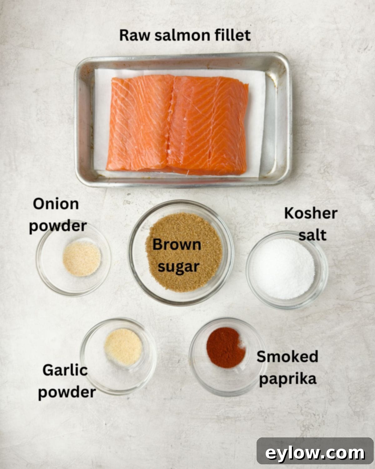Pellet Grill Smoked Salmon Perfection 3 Ingredients for smoked salmon on a gray kitchen counter.
