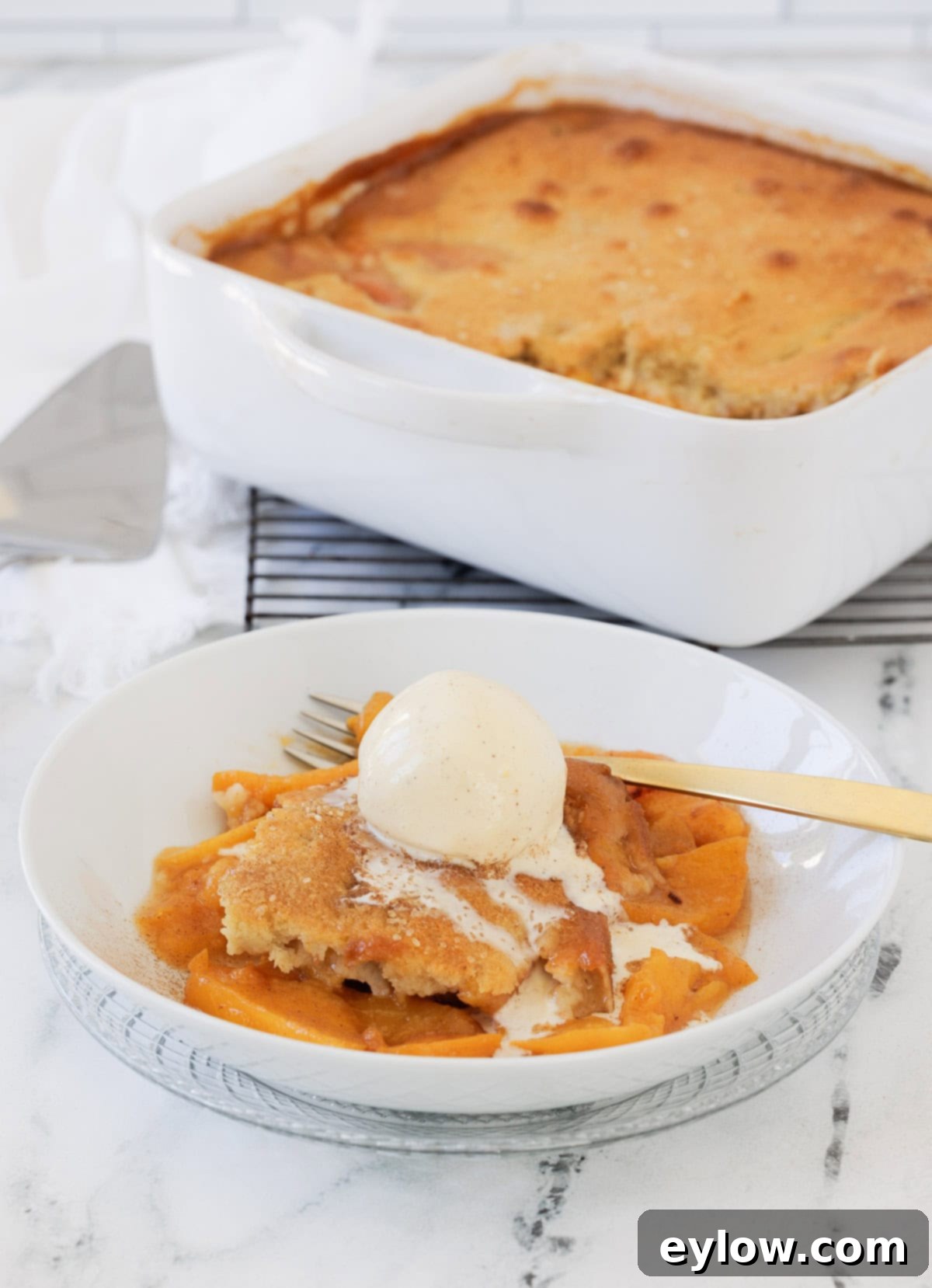 A shallow bowl of peach cobbler with a scoop of vanilla ice cream on top melting, baking dish behind.