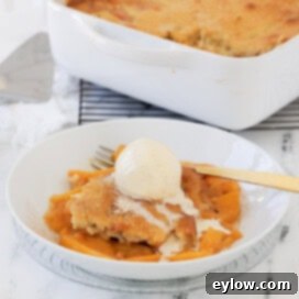 A white bowl of golden peach cobbler with vanilla bean ice cream scoop.