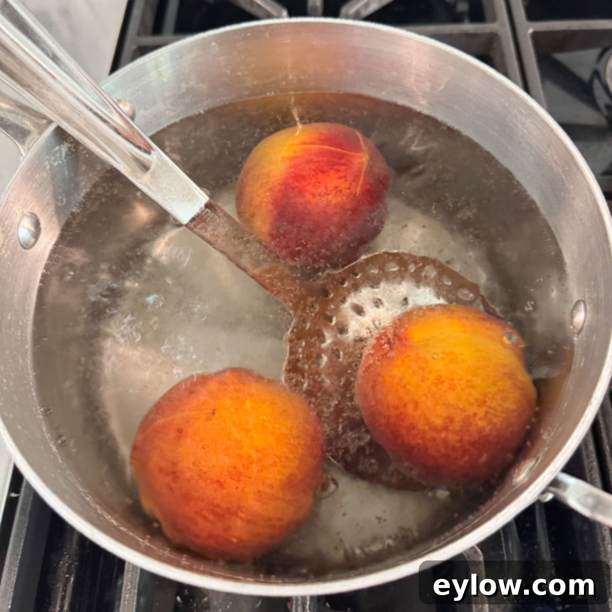 A pot of boiling water with peaches blanching for peeling.