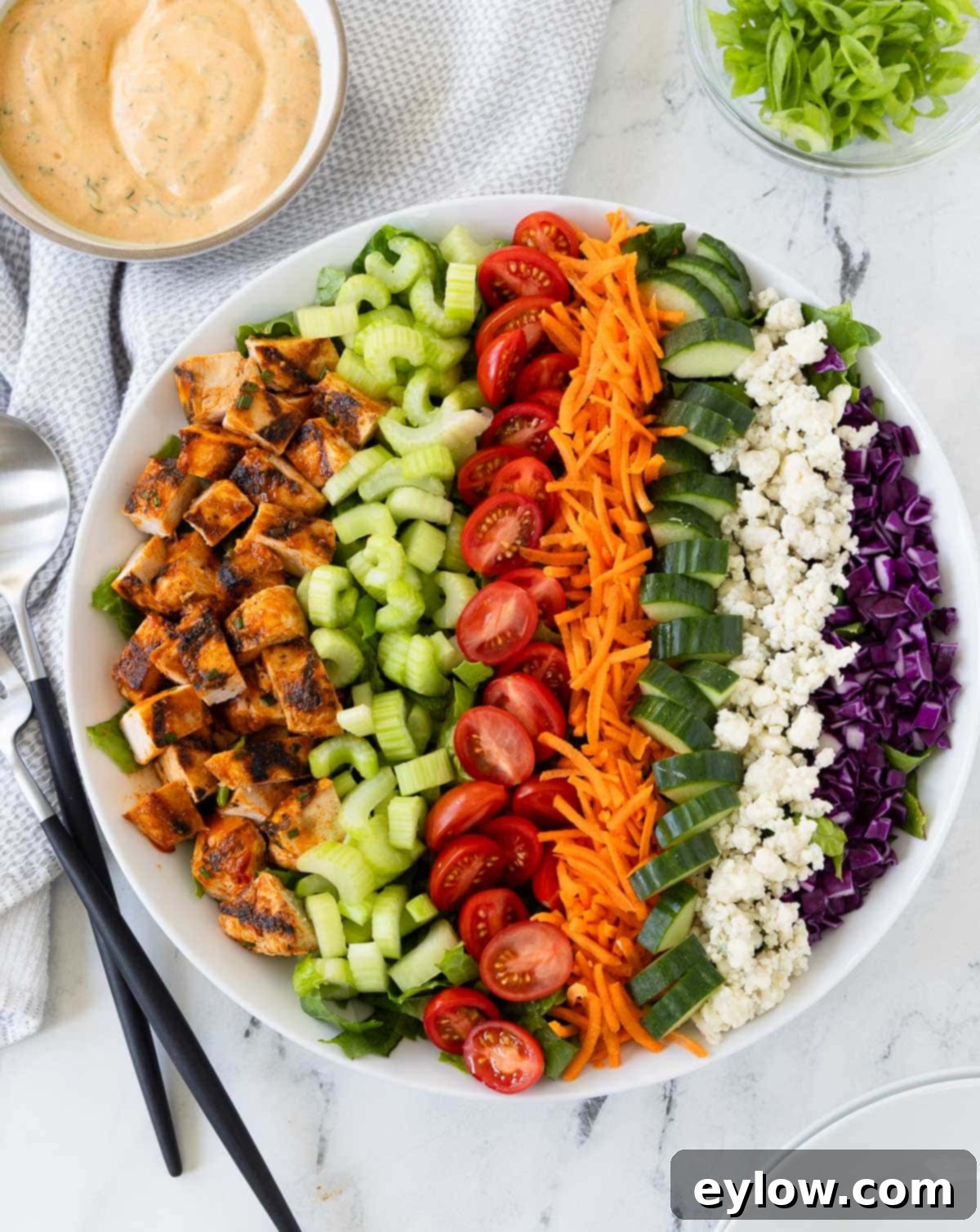Buffalo chicken salad arranged in colorful rows, with chicken, tomatoes, celery, blue cheese, and carrots.