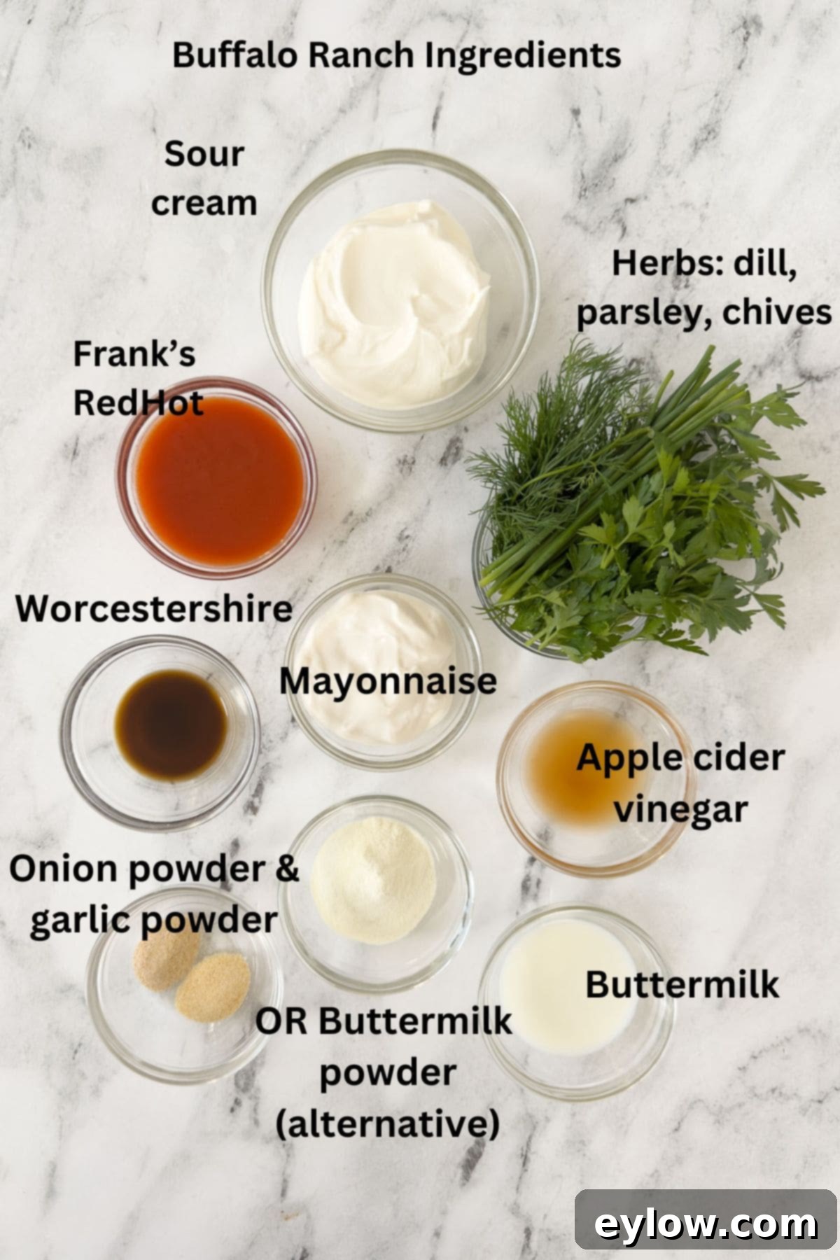 Ingredients for Buffalo Ranch dressing and dip recipe in small prep bowls.