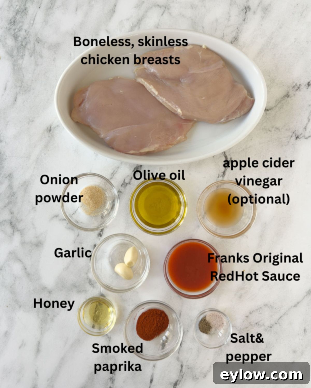 Zesty Grilled Buffalo Chicken 3 Ingredients for a buffalo chicken salad and marinade in small glass prep bowls