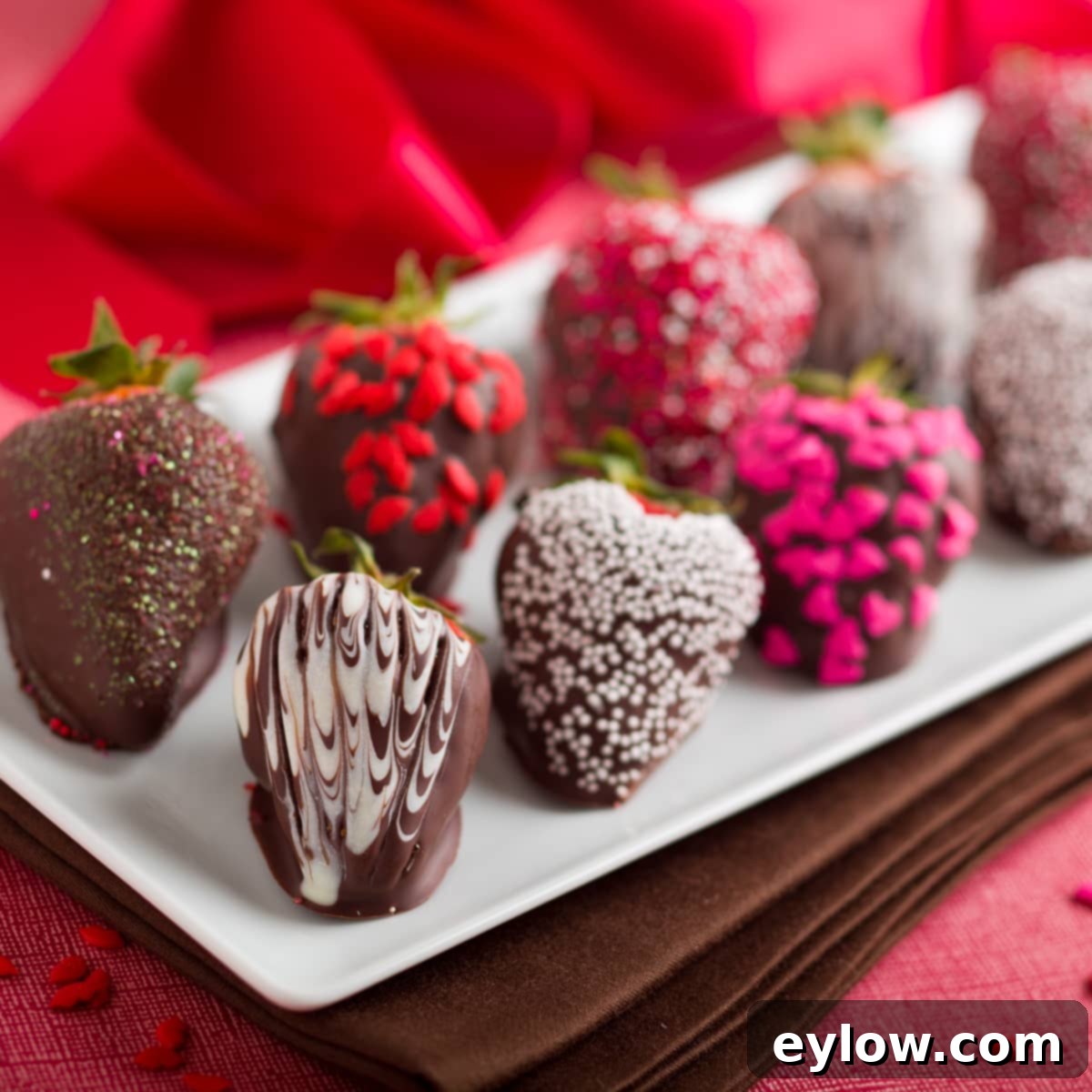 Chocolate Strawberry Delights 2 Lush dark chocolate dipped strawberries, artfully decorated with sprinkles, arranged on a pristine white plate, ready to be savored.