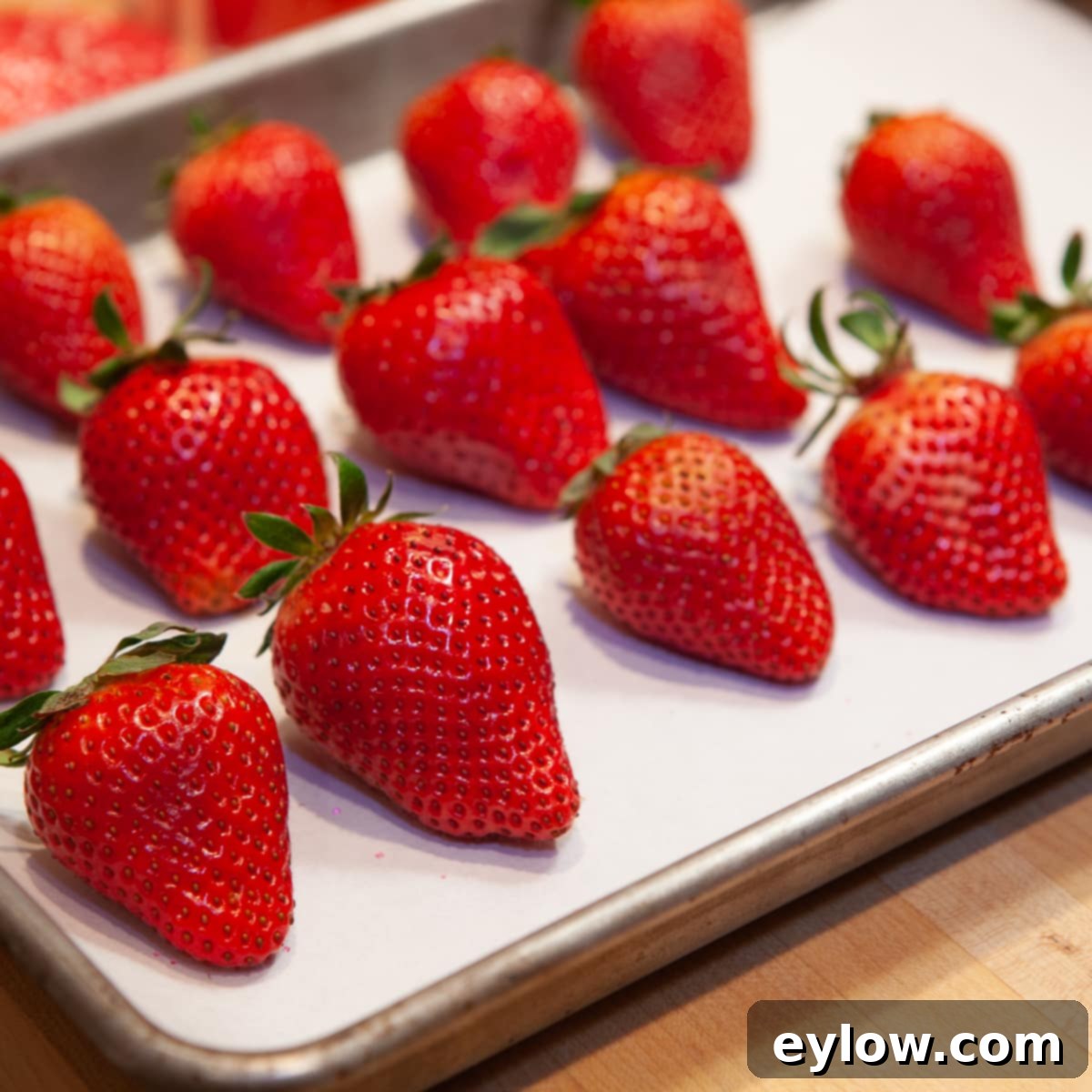 Chocolate Strawberry Delights 3 Vibrant, freshly washed red strawberries arranged neatly on a parchment-lined baking sheet, glistening with moisture.