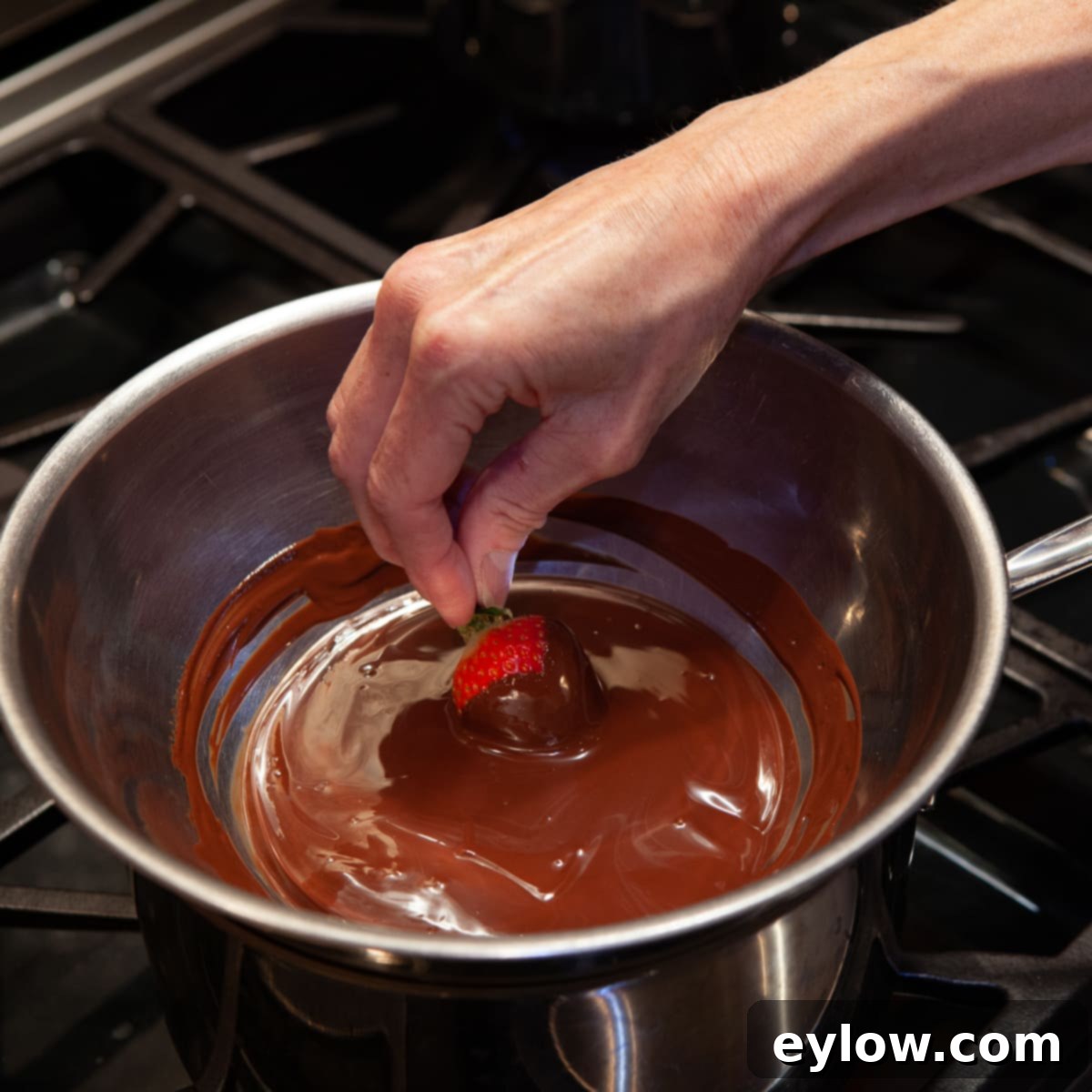 Chocolate Dipped Strawberries Process The process of dipping a fresh strawberry into a bowl of perfectly melted dark chocolate, showcasing the smooth coating.