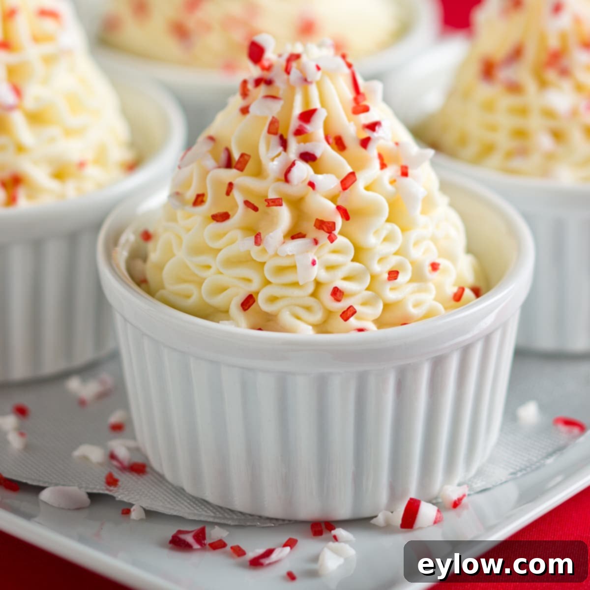 White chocolate peppermint mousse in white ramekins sprinkled with crushed peppermints.