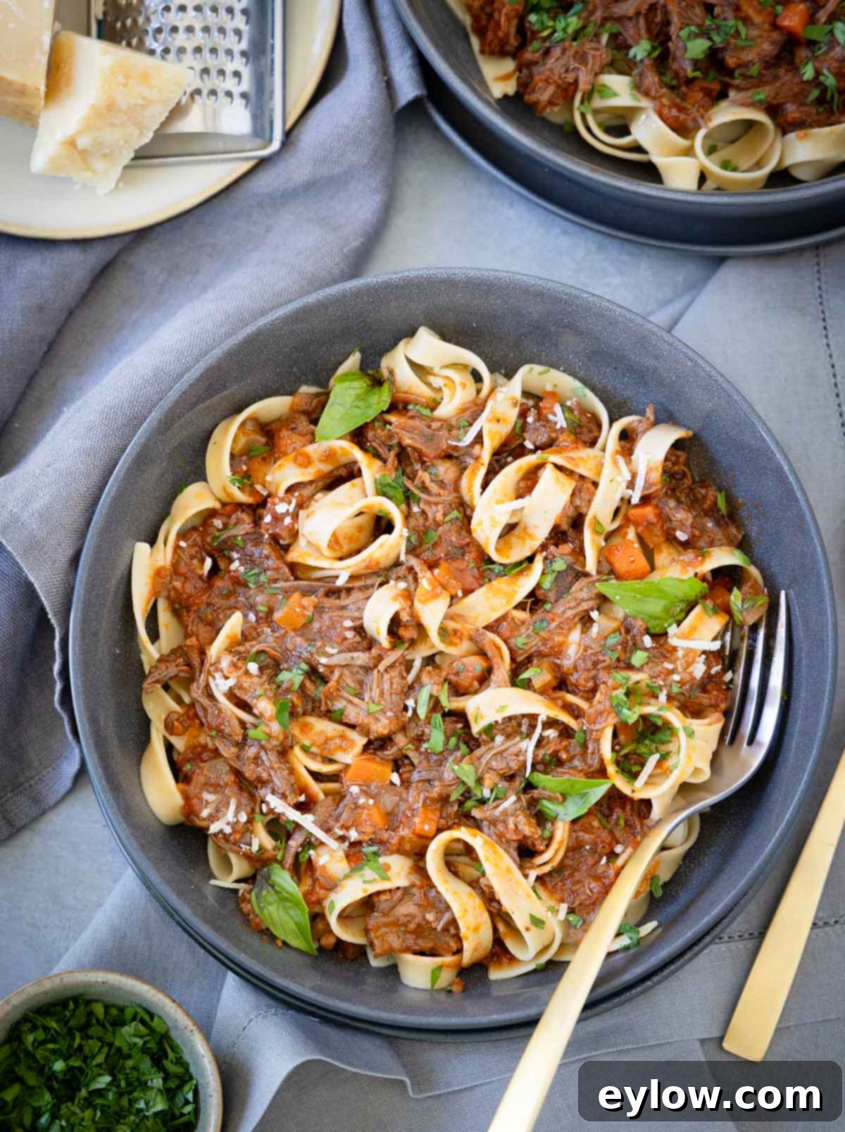 Rich Braised Beef Short Rib Ragu 2 Gray bowl of wide pasta noodles with beef short rib ragu with carrots, and basil leaves.