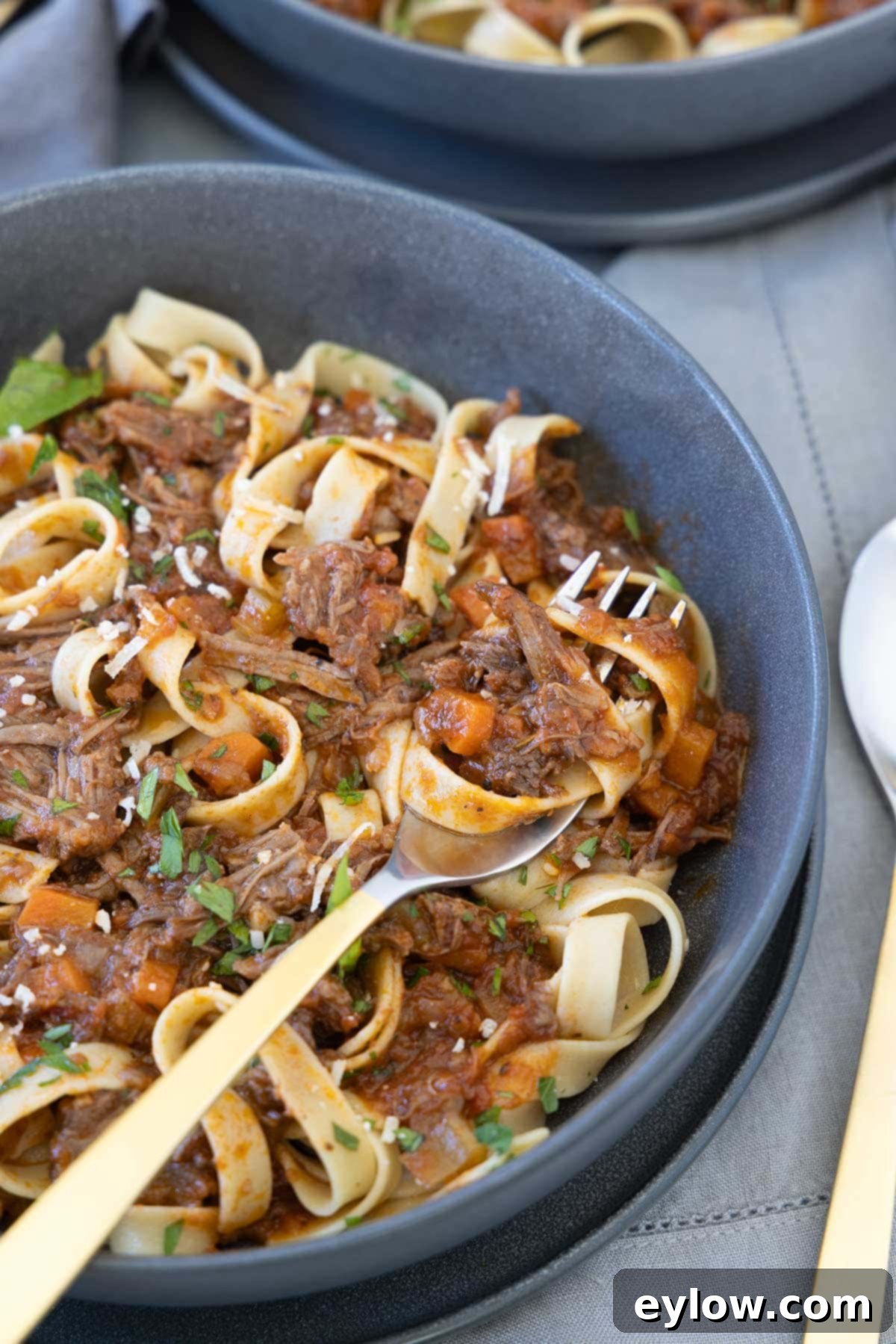 Rich Braised Beef Short Rib Ragu 16 Twirled pasta on a fork of beef rib ragu in a gray bowl with carrots and parsley.