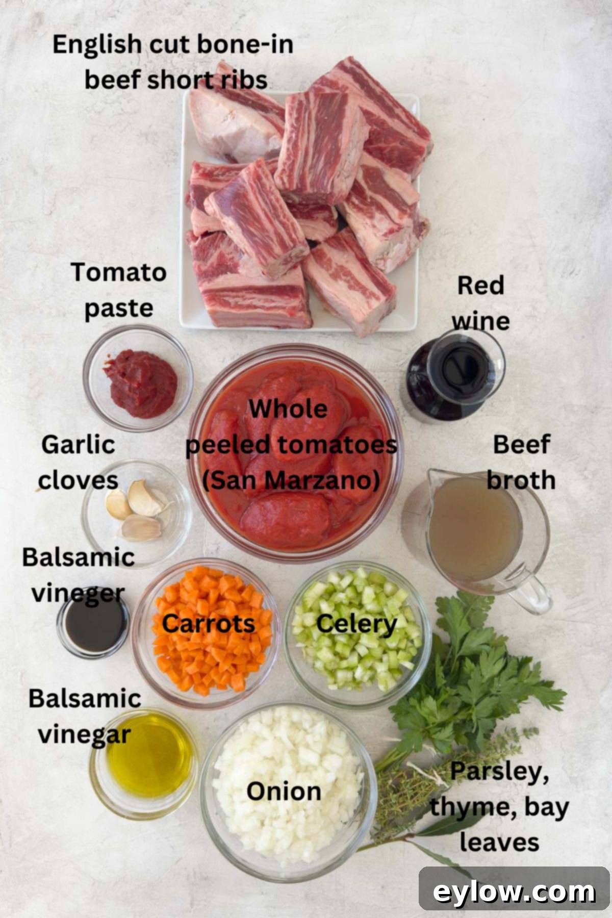 Rich Braised Beef Short Rib Ragu 3 Ingredients for beef short rib ragu in prep bowls on the counter.