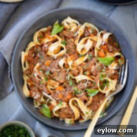 Rich Braised Beef Short Rib Ragu 17 A gray bowl of twirled pasta topped with a beef short rib ragu, parsley, and a little parmesan.