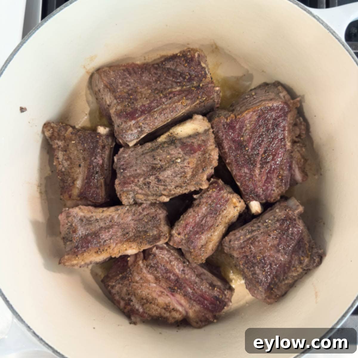 Rich Braised Beef Short Rib Ragu 5 Browned beef short ribs in a dutch oven.