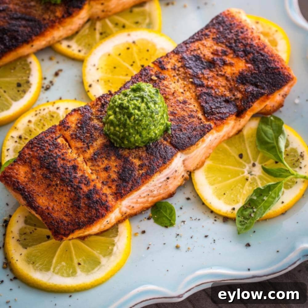 Effortless Skillet Salmon 2 Seared salmon with bright green basil pesto on top, and slices of lemon.