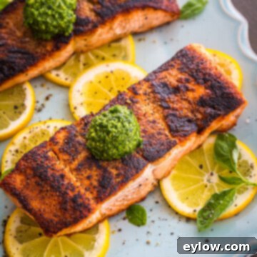 Effortless Skillet Salmon 6 Perfectly pan-seared salmon fillet on a plate, ready to be served.