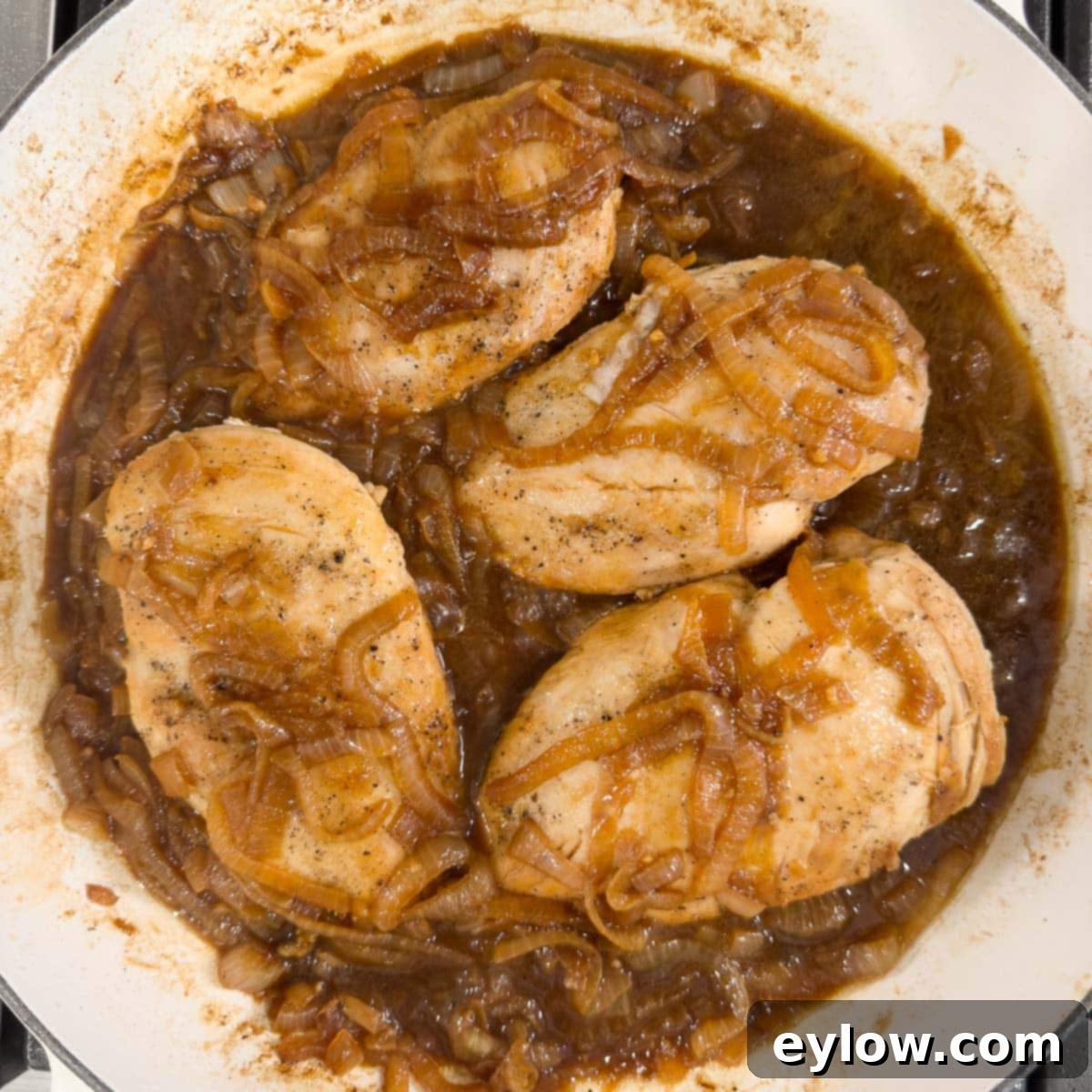 A finished pan of French onion chicken, featuring deeply caramelized onions, tender chicken, and melted cheese, garnished with fresh herbs.