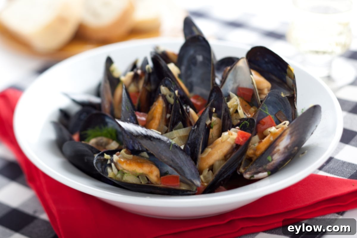 Black shell steamed mussels with red napkin.