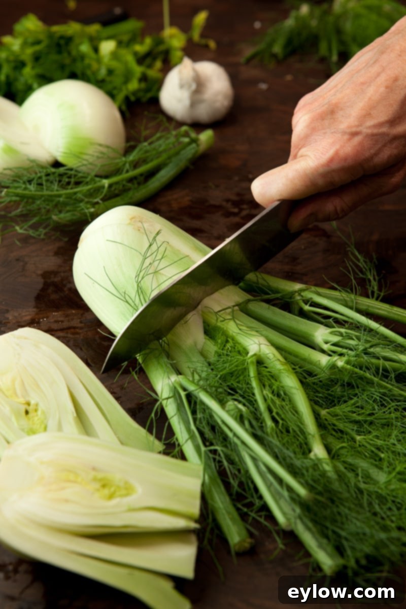 Chopping fennel bulb.