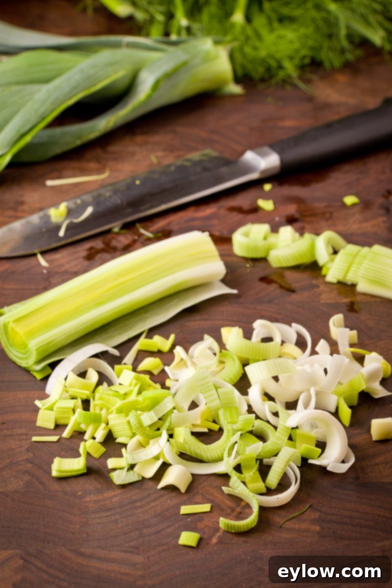 Chopping leeks.