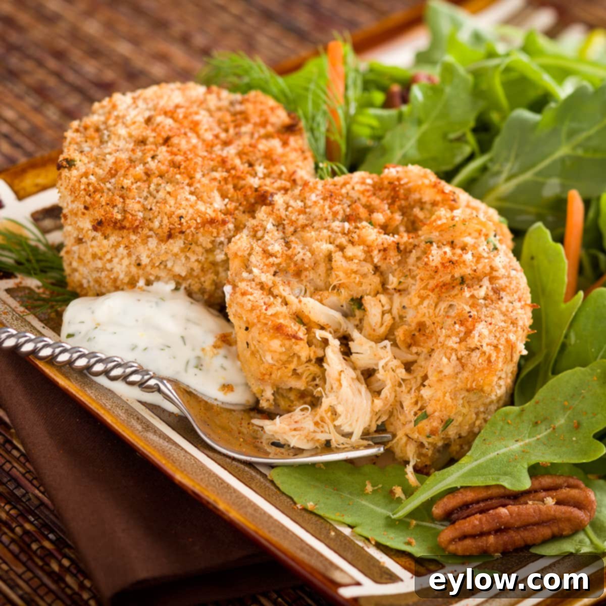 Delicious baked crab cakes served with a fresh green salad
