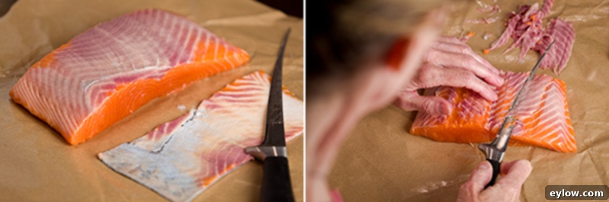 Showing how to trim the purple bloodline from the underside of salmon. 