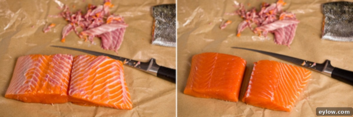 Trimming a salmon filet and cutting into portions for cooking. 