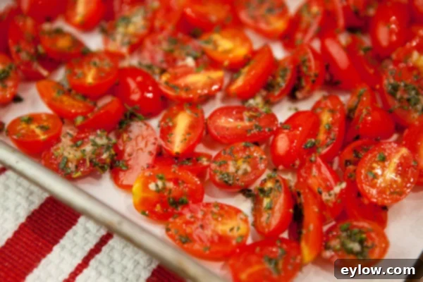 Grape tomatoes before roasting, tossed with herbs and olive oil.